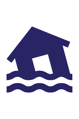 Simple graphic of a house tipped to one side with 2 lines of waves underneath it